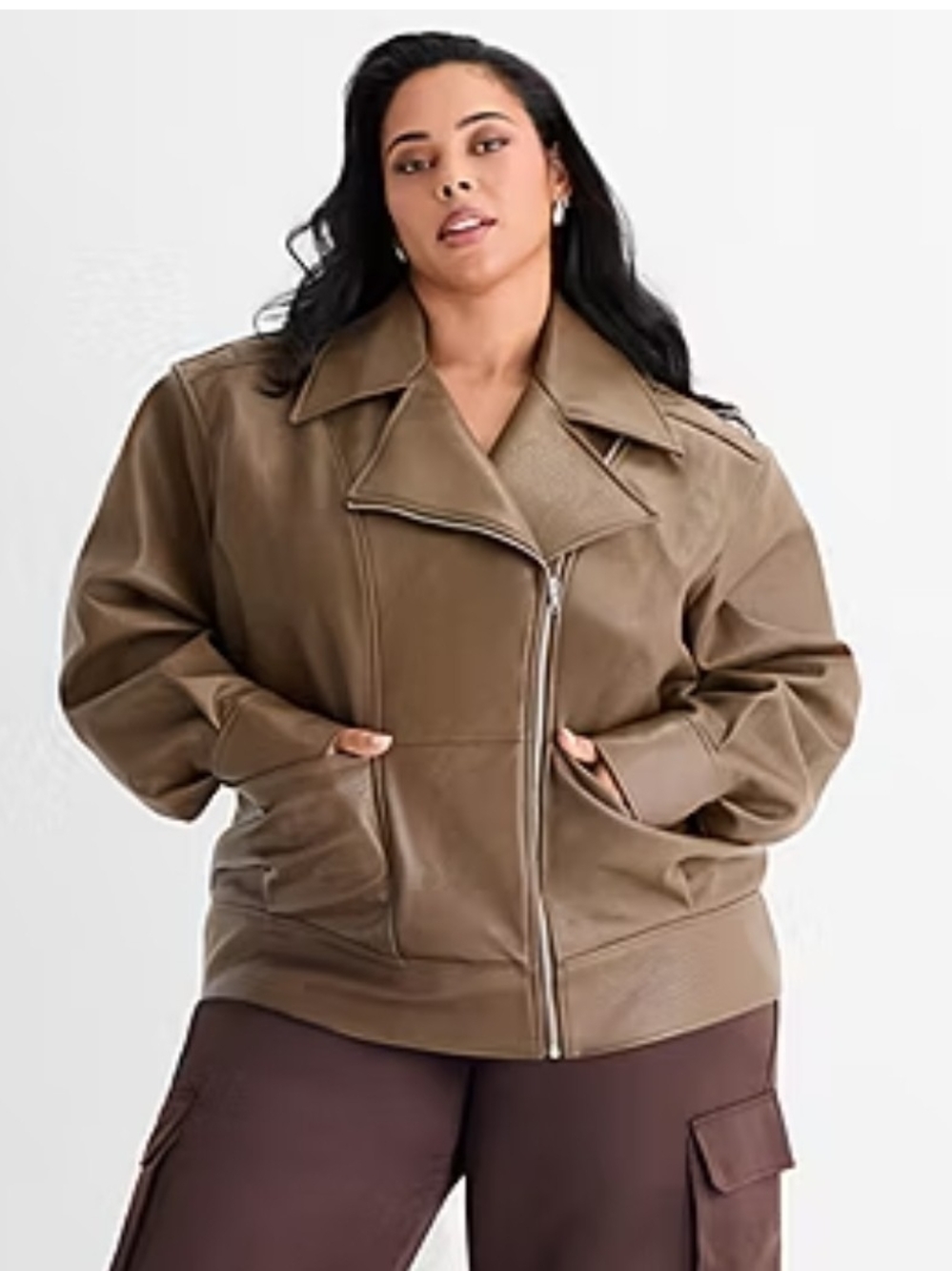 Perfect Ashley Graham Faux Leather Moto Jacket in Taupe Brown